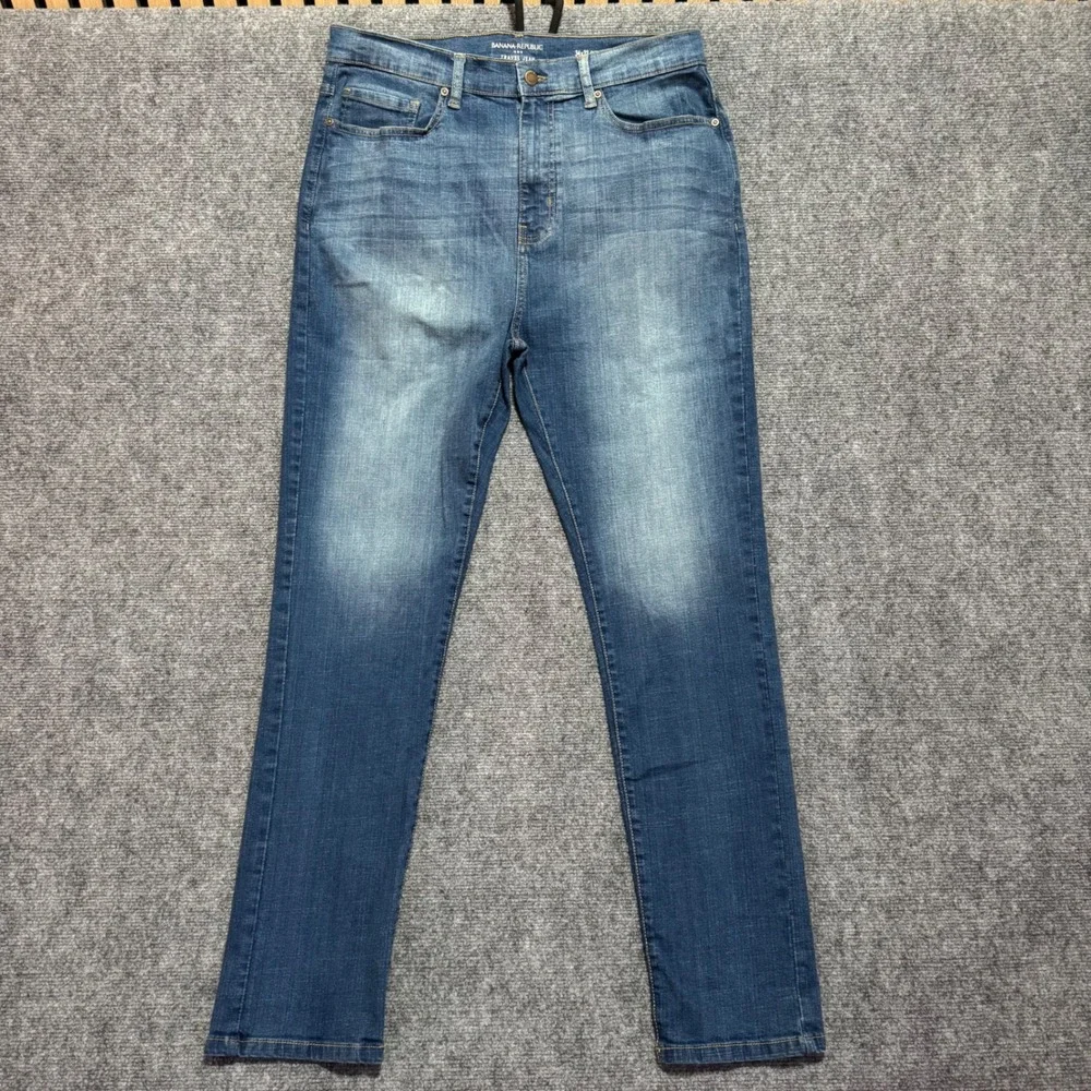 Banana Republic Mens Travel Jean 34x32 Slim Fit Fade Blue Denim Washwell Stretch